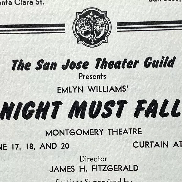 Vintage 1947 Night Must Fall Montgomery Theatre Program San Jose Theatre Guild