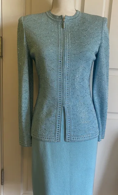 NWT EXQUISITE St John evening TropicBlue rhinestone embellished skirt suit 2/4