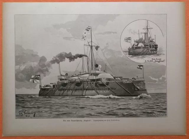 Panzerschiff Siegfried Kaiserliche Marine  Holzstich von 1890 Fritz Stoltenberg