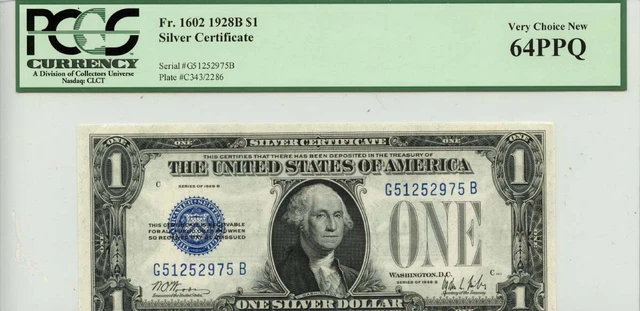 1928B $1 Silver Certificate Blue Seal FR#1602 PCGS CH 64 PPQ