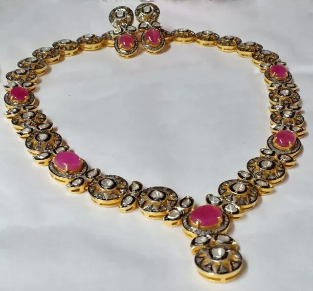 Ruby Gemstone Necklace, 925 Sterling Silver Gold Polish Polki Diamond Necklace 2