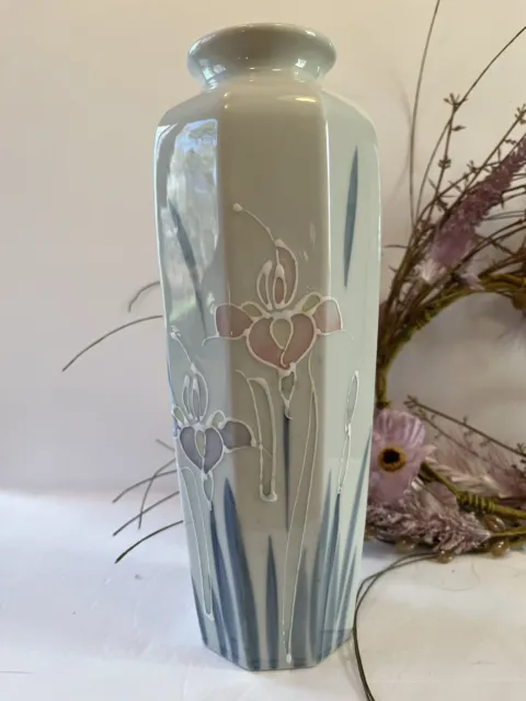Large Vintage Otagiri Hand Painted Floral Lite Iris Porcelain Vase 10.5" tall