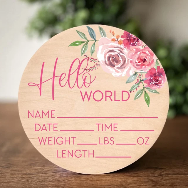 Hello World Sign for Newborn Baby Birth Stat Sign Floral Baby Sign