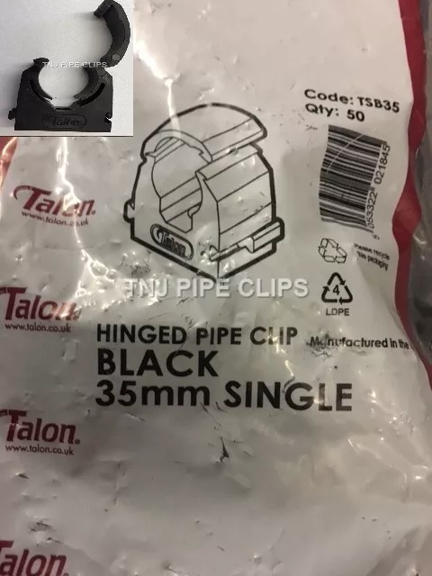 Bag 50 - TALON 35mm Hinged MDPE Water Pipe Clip (32-35mm) BLACK Interlocking