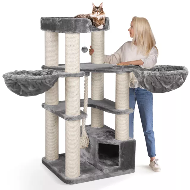 happypet® massiver Kratzbaum große Katzen mit Haus u. Spiel-Tau 161 cm GRAU