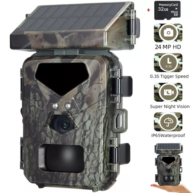 Solar Trail Camera 24MP 1080P Scouting Wildlife Hunting Game Cam IR Night Vision