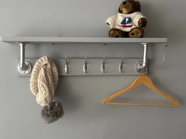 Grey Reclaimed Pine Coat Rack Comes fully assembled 5 Cast Iron Hooks and Shelf