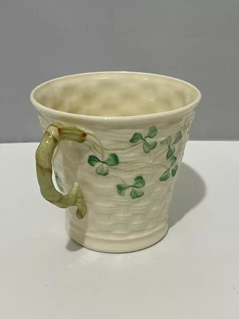 Vintage Belleek Ireland Shamrock Basket Weave vine handle Coffee Tea Mug MINT