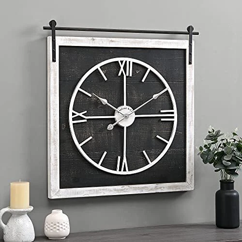 FirsTime & Co. Black and White Brennan Barn Door Wall Clock for Home Office S...