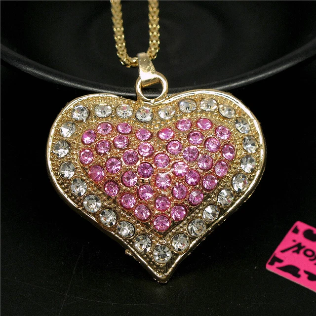 Fashion Women Shiny Rhinestone DZ Pink Heart Crystal Pendant Chain Necklace