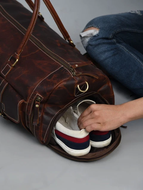 Sac de sport en cuir de buffle pour week-end, compartiment à chaussures,...