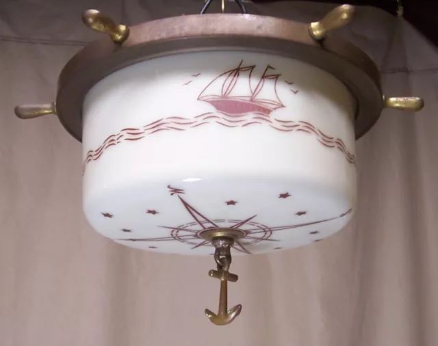 Vtg Nautical Light Ceiling Fixture Art Glass Custard NSEW Ship Rewired USA #B54