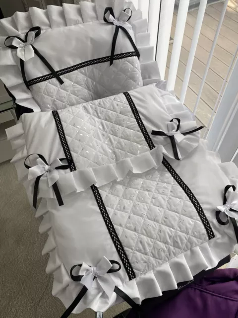 pretty White / Black Quilted  Babies Pram Set