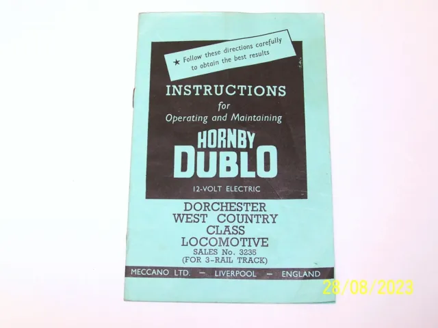Original Instructions For 3235 Dorchester 3 Rail Hornby Dublo West Country Loco