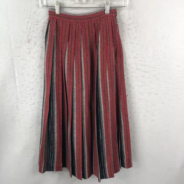 Vintage 1950s Pleated Skirt Womens Small Red Black Striped Wool Twirl Sock Hop