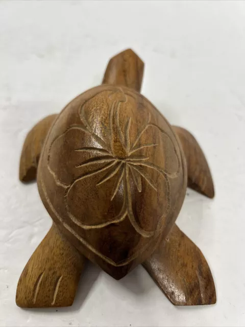 Handcrafted Hand Carved Brown Wood SEA TURTLE Figurine W Plumeria Flower