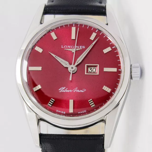 Longines Silver Arrow Date Sunburst Red Vintage 33mm Steel Wrist Watch