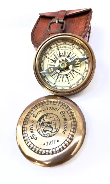 Authentic Vintage Style Brass Pocket Compass 2" with Leather Case