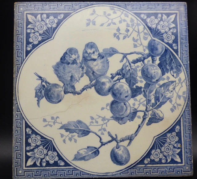 °  Absolutly R!R!R! Art Nouveau Deco Tile GIEN Bluetits birds in mirabelle tree