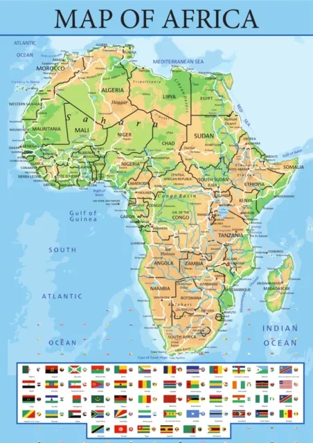 Map of Africa With Flags from A5 to A0 Size, Poster Education Aid.
