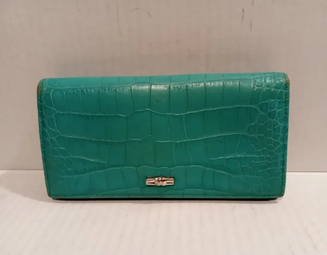 Longchamp ROSEAU Continental Wallet in Turquoise Croc Embossed Leather