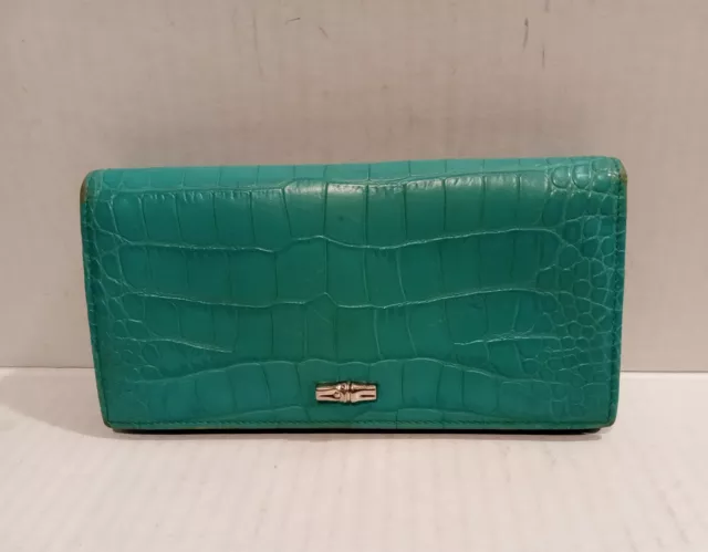 Longchamp ROSEAU Continental Wallet in Turquoise Croc Embossed Leather