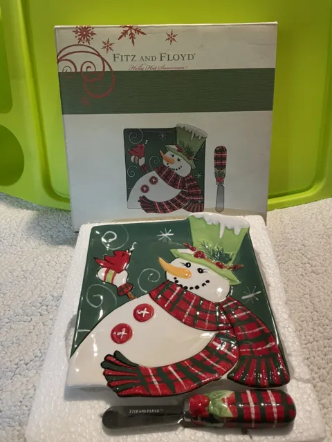 Fitz Floyd Holly Hat Snowman Snack Plate W/ Spreader And Box Christmas 6" x 7"