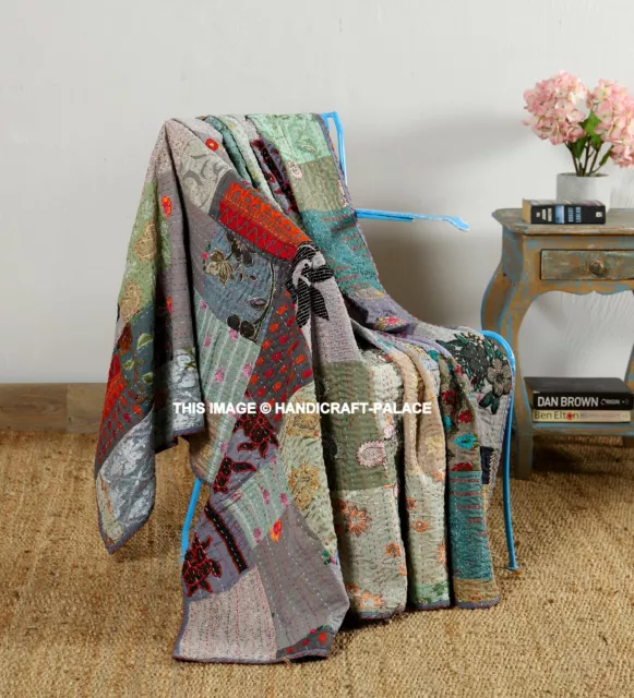 Gris Set Indien Coton Vintage Canapé Jeté de Lit Handmade Couverture Patchwork