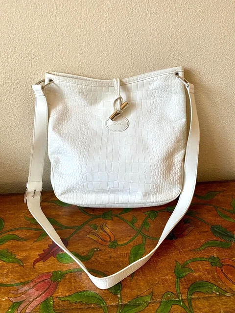 LONGCHAMP Adjustable ROSEAU CROC Embossed IVORY Patent Leather Cross Body Bag 2