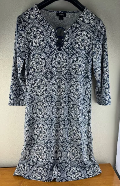 Women's Tacera Navy Blue/White 3/4 Sleeve Stretch Sheath Dress Small EUC