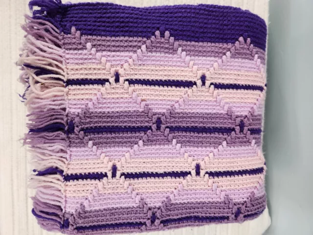 Vintage Hand Crocheted Afghan Purple Stripe Fringe Edge