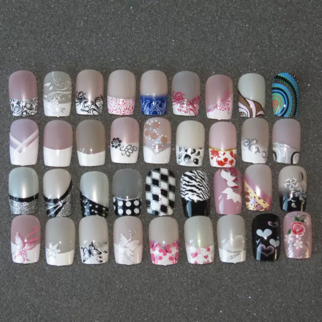 24 Pre Designed Full False Nails Press On Pre Design Airbrushed Nails