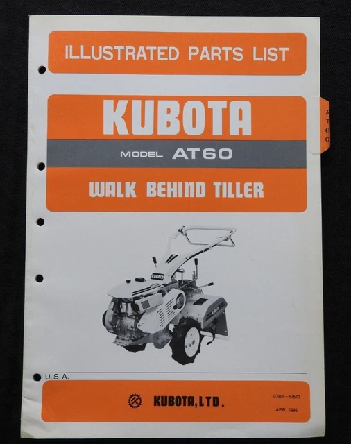1980'S GENUINE KUBOTA AT60 WALK BEHIND ROTARY TILLER PARTS CATALOG