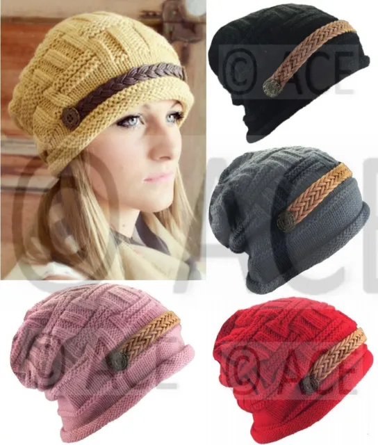Womens Ribbed Chunky Knit Ladies Beret Hats Knitted Hats Crochet Wool Beanie Hat