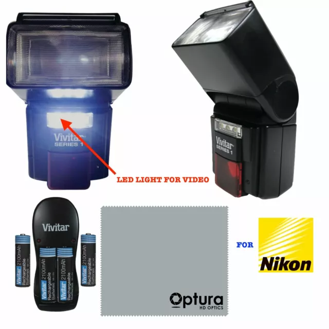 Dedicated Pro Flash + Led Video Light + Rechargeable Batteries  For Nikon D3400