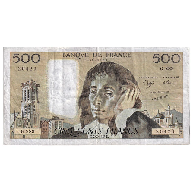 [#333722] France, 500 Francs, Pascal, 1989, G.289, EF(40-45), Fayette:71.40, KM: