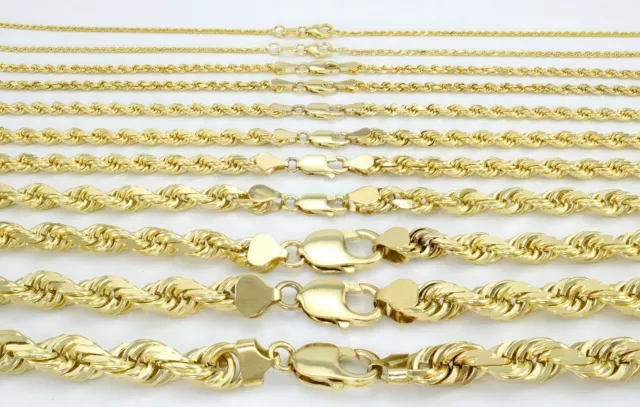 10K Yellow Gold 2mm-7mm Diamond Cut Rope Chain Necklace Men Womens 16"- 30"