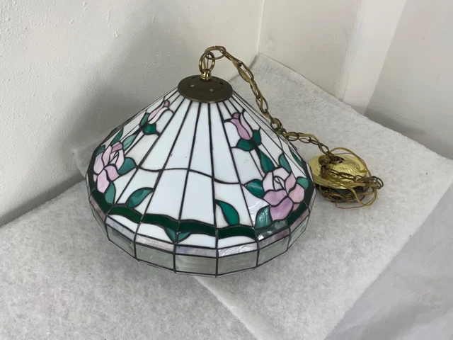 Vtg Tiffany Style Ceiling Hanging Stained Glass Light Fixture 5 arm candelabra