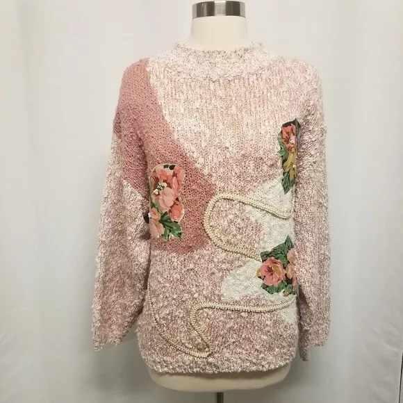 Vintage Chunky Knit Pink White Floral Applique Cottagecore Granny Sweater Md