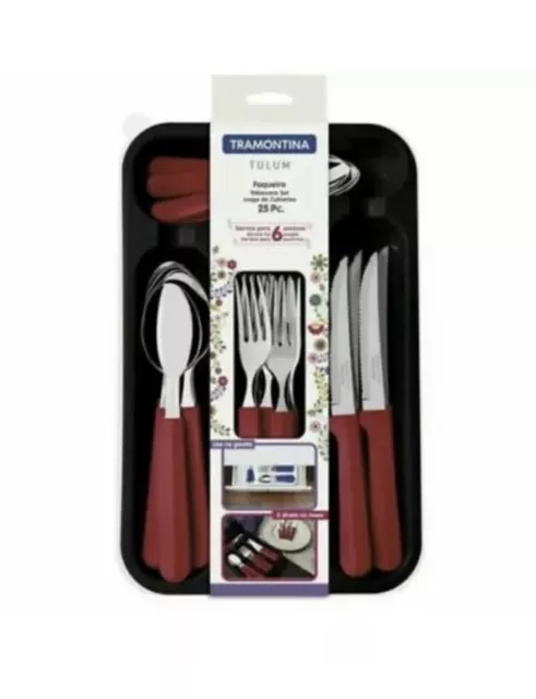 Tramontina 25pc Tulum Stainless Steel Cutlery Set Steak Knives Red