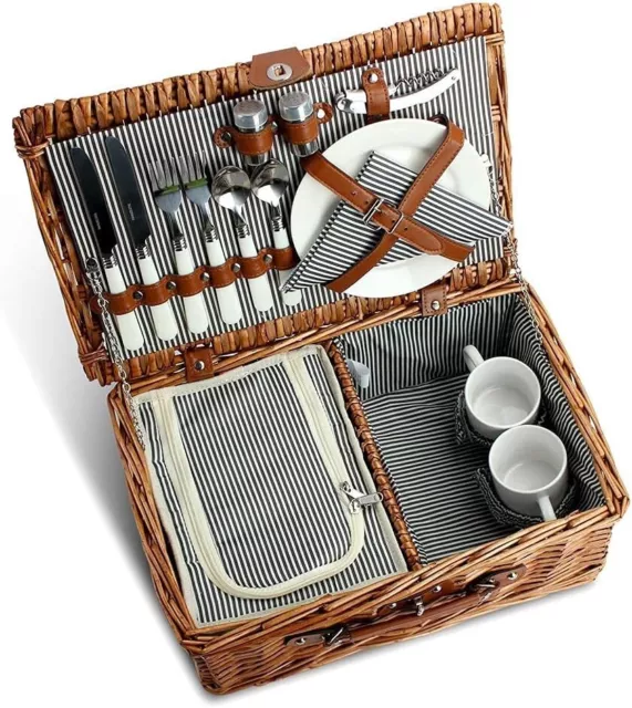 2 Person Picnic Basket Insulated Wicker Hamper Traditional Premium Complete Set 3