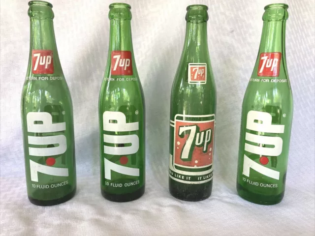 4 Vintage 7Up Soda Bottle 10 Oz Fresh Up With Seven-Up You Like It-It Likes You