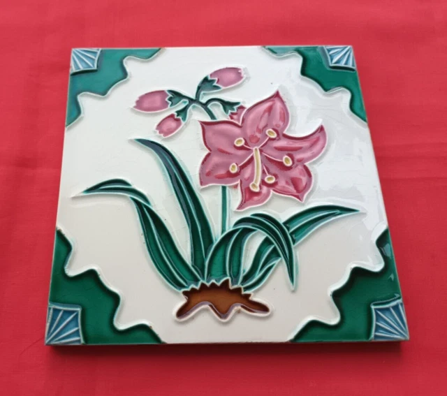 1 Piece Old Art Flower Design Embossed Majolica Ceramic Tiles Japan 0253 2