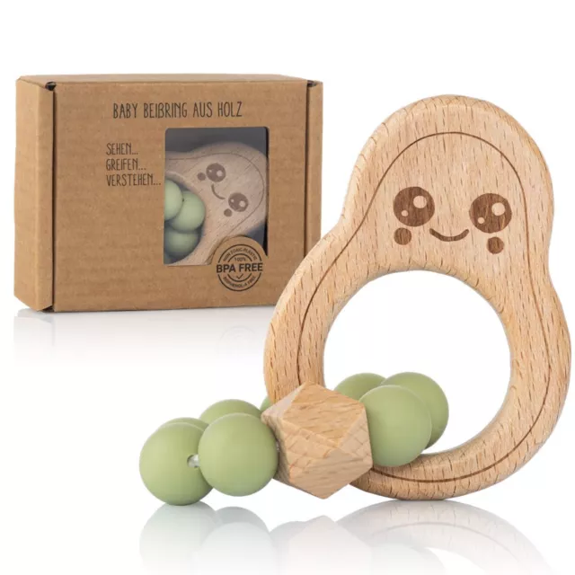 Avocado Beißring Baby Natur Holz & Silikon - Greifling & Zahnungshilfe BPA-frei