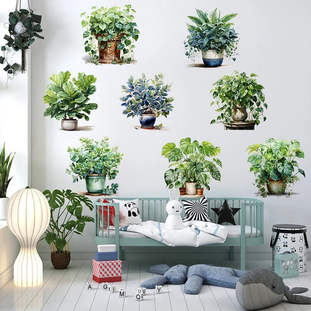 GREEN POT PLANTS Leaves Wall Decals Wall Stickers Nursery Bed Living ...