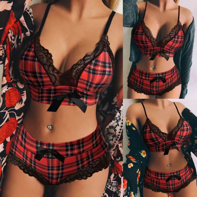 Womens Lace Sexy Plaid Bra Set Christmas Red Check Lingerie