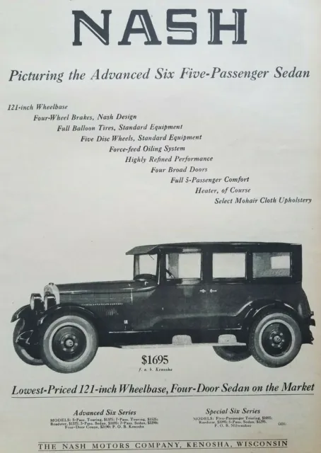 Vintage Print Ad 1925 Nash Old Car Art Advanced Six Five Passenger Sedan