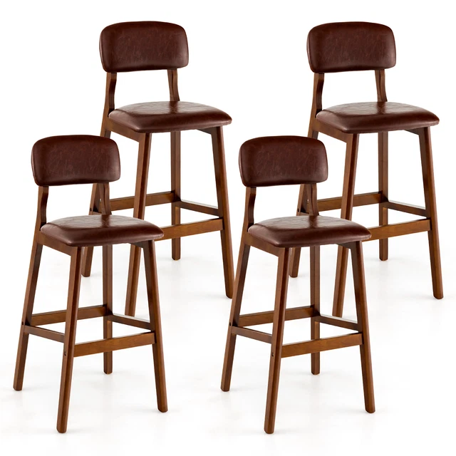 Set of 4 Upholstered PU Bar Stools 29" Dining Chairs w/ Rubber Wood Legs Brown