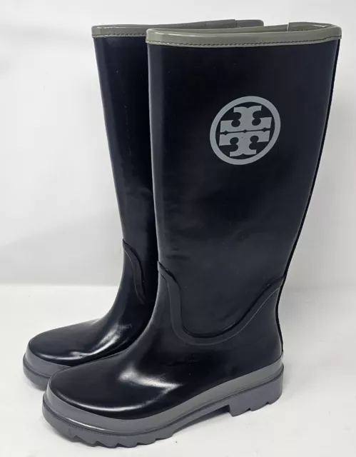 TORY BURCH Womens Size 7 Black Logo Tall Calf Rain Boots