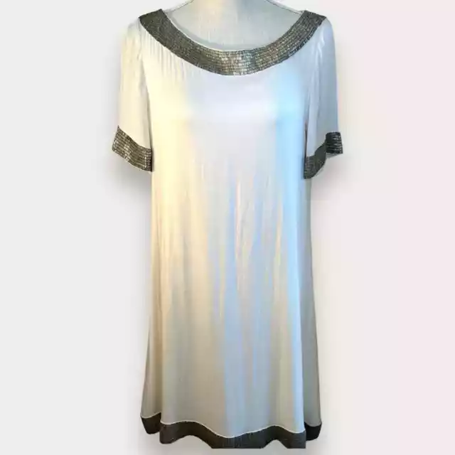 Alice and Olivia gorgeous med silk white lined sheer w silvery beading neckline